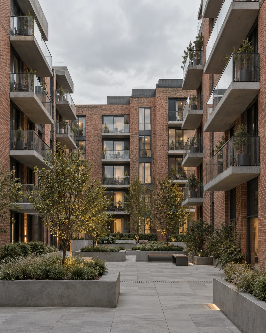 Illustrative English residential courtyard with repeating balconies and planted trees