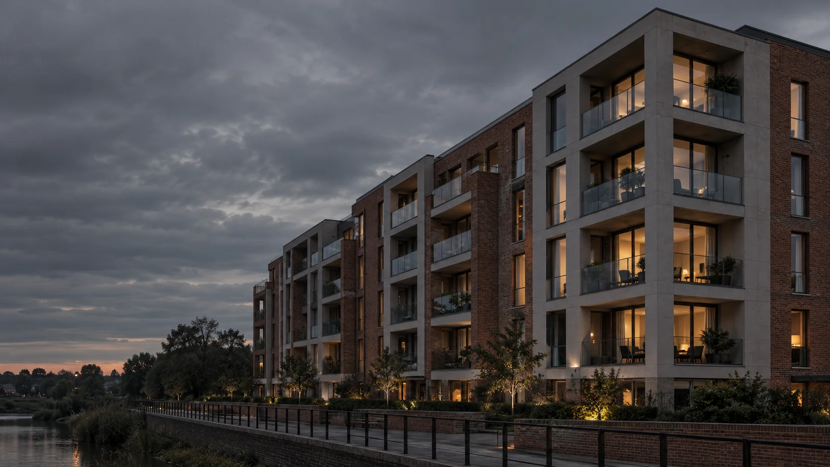 Illustrative contemporary English residential development at dusk